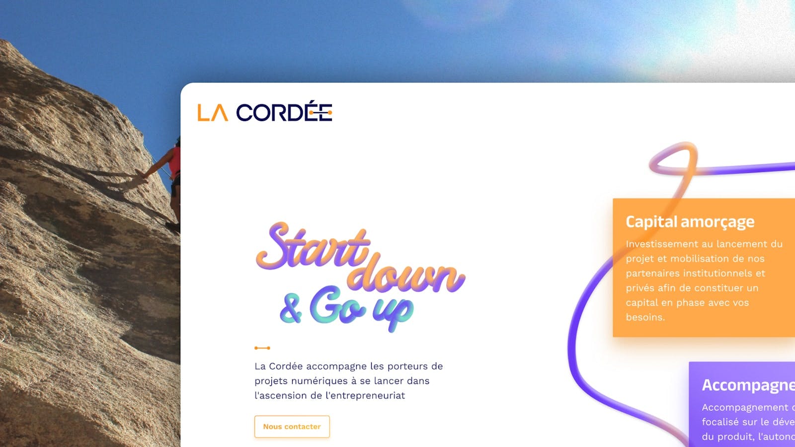 Aperçu du site vitrine La Cordée sur mobile avec une personne qui escalade une falaise en image d'arrière plan.