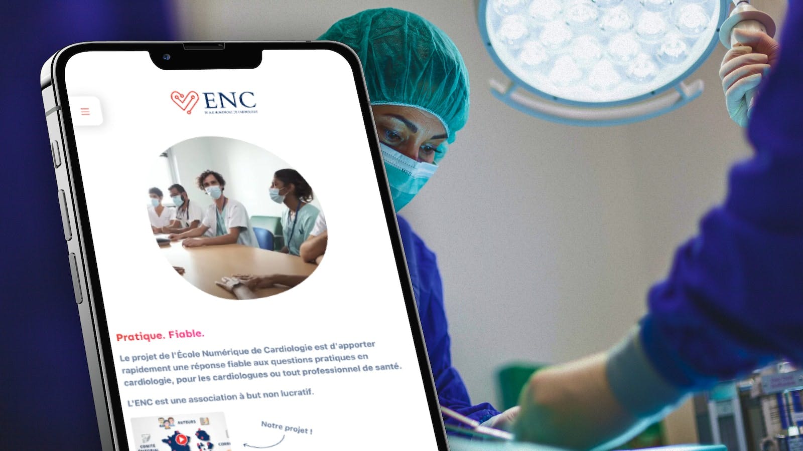 Page d'accueil du site ENC sur mobile sur une photographie de bloc opératoire